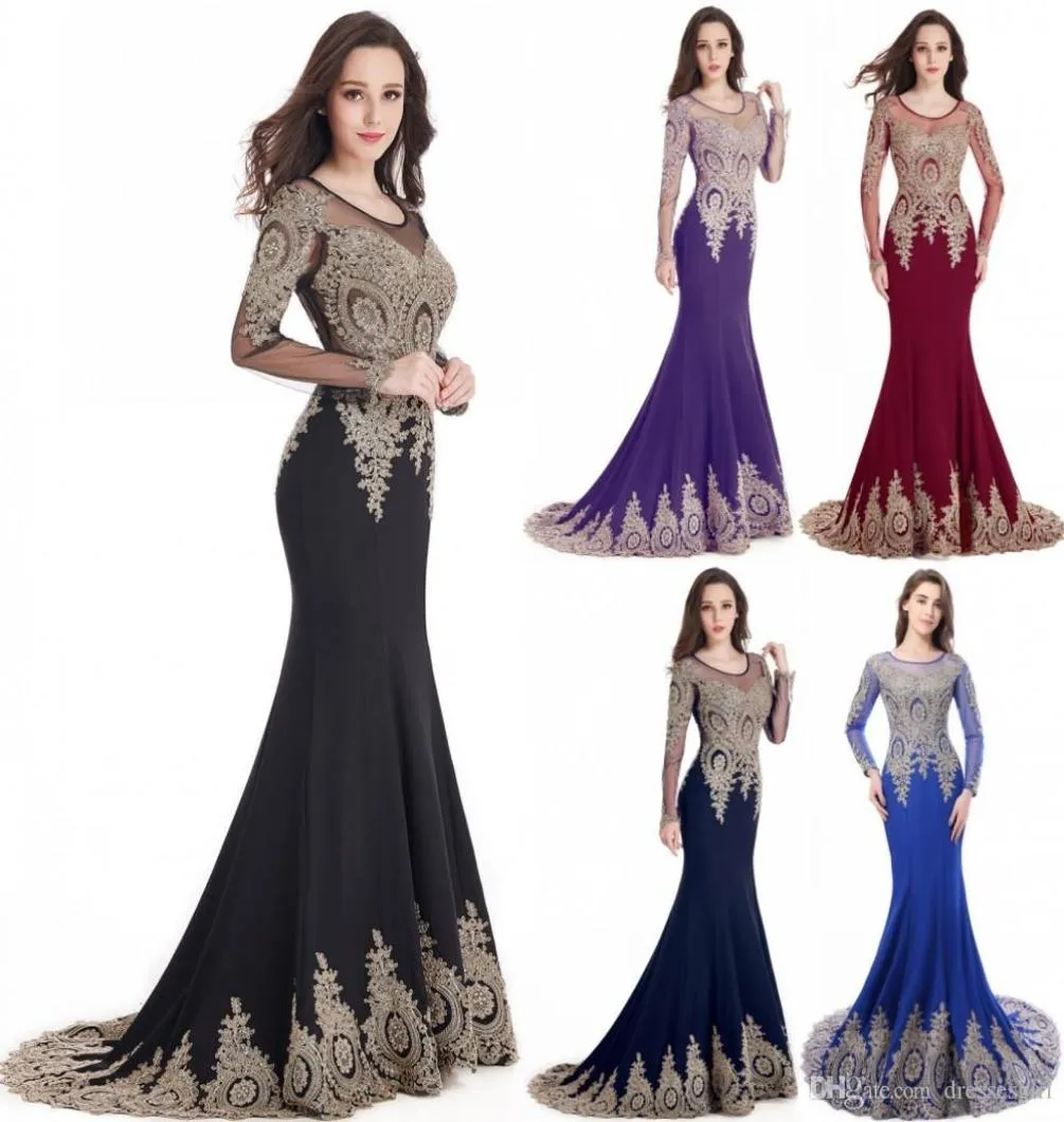 Babyonlinedress Luxury Beads Gold Lace Mermaid Evening Dresses Long Sexy Illusion Back Long Sleeve Prom Party Gowns Charming Eveni6929713