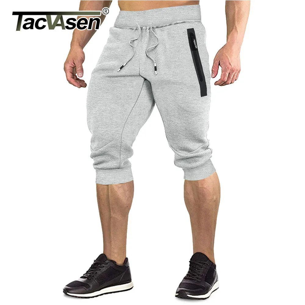 TACVASEN Хлопковые шорты для бега Мужские спортивные брюки 34 ниже колена Бегуны для тренировок Тренажерный зал Фитнес с карманом на молнии 240327