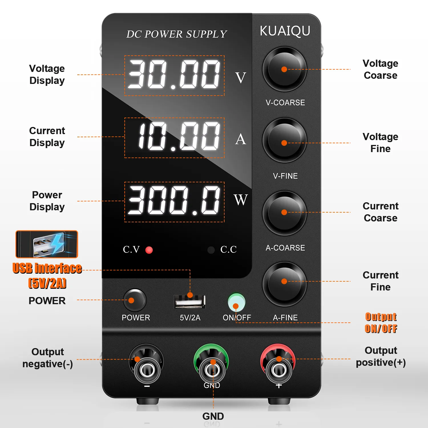 Kuaiqu USB DC Reglerad strömförsörjning Justerbar 30V 10A Switching Laboratory Power Supplies 32V 60V 120V för reparationstelefon PCB