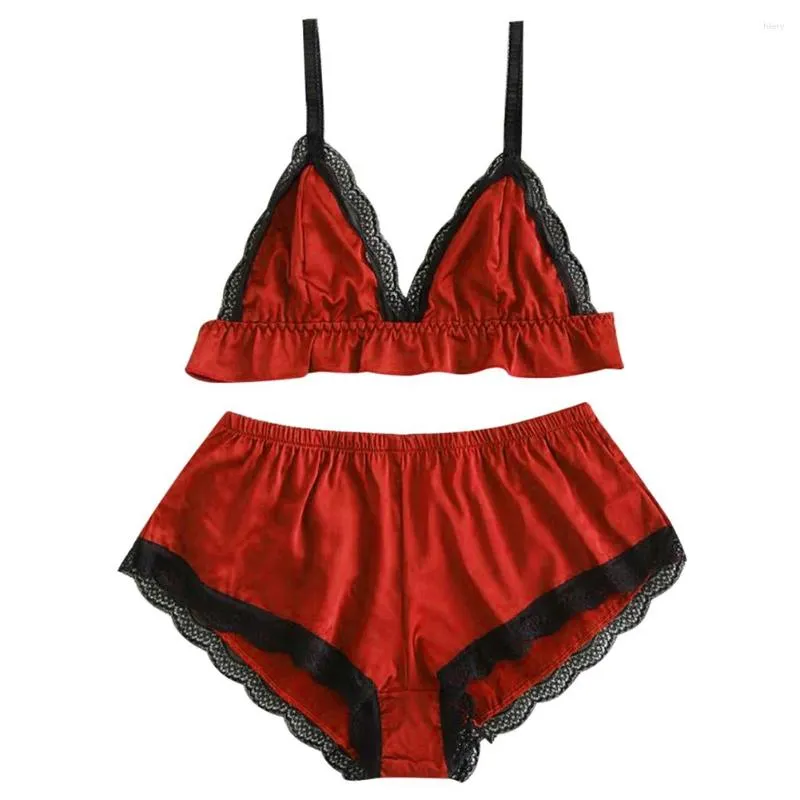 Accueil Vêtements Femmes Dentelle Camisole Haut Culotte Sexy Satin Vêtements De Nuit En Soie Ensemble Shorts Vêtements De Nuit Lingerie Pyjamas Trikini Slips