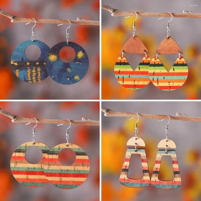 Boucles d'oreilles pendantes motif artistique coloré peint à la main rayé Double face géométrique bois bohème boucle d'oreille Style de vacances hawaïen