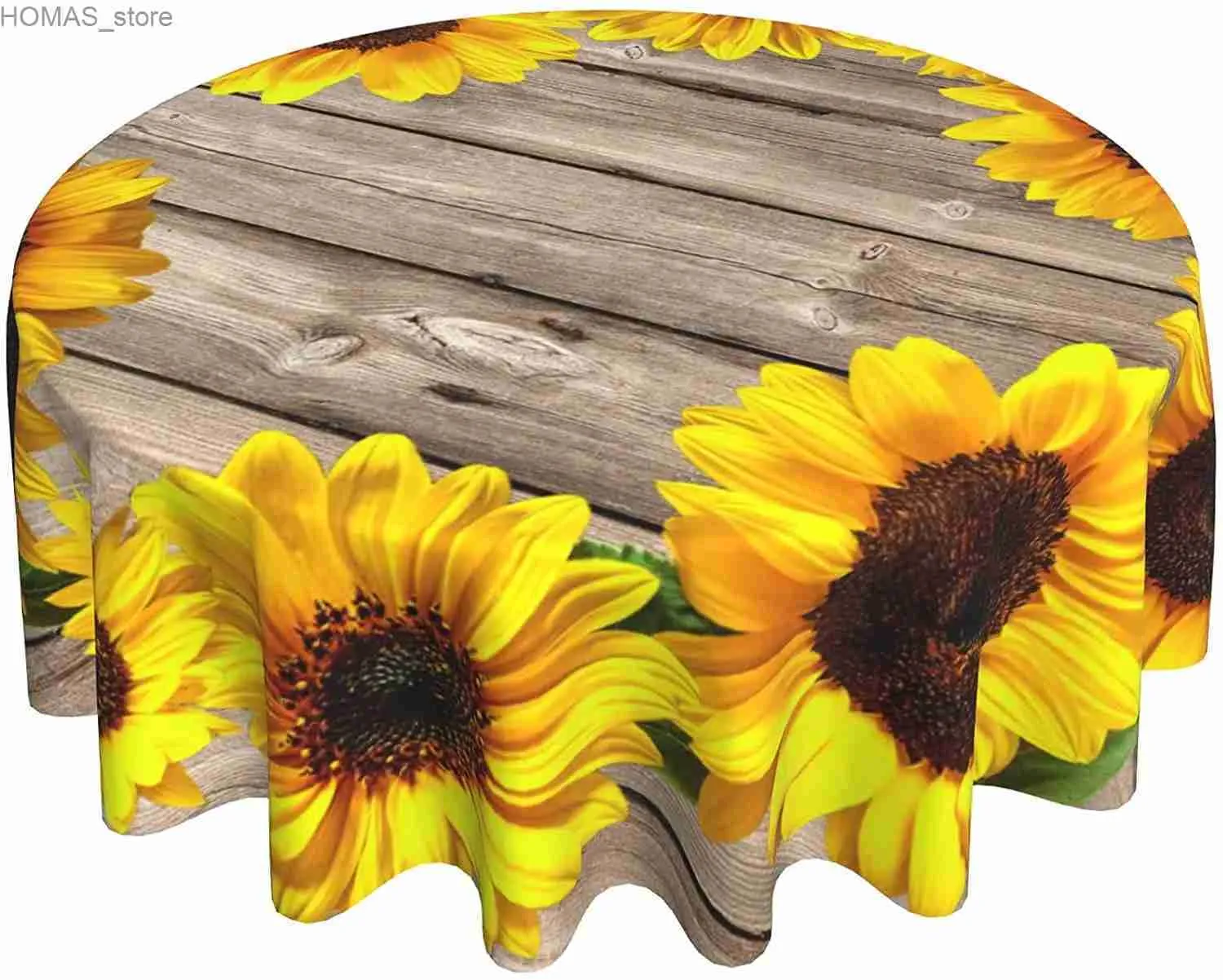 Tkanina stołowa okrągła 60 -calowa jesienna słonecznik na rustykalnym drewnianym ziarnach obrusowy wodoodporny wodoodporny pokrywę stołową do zewnętrznego intdoor y240401