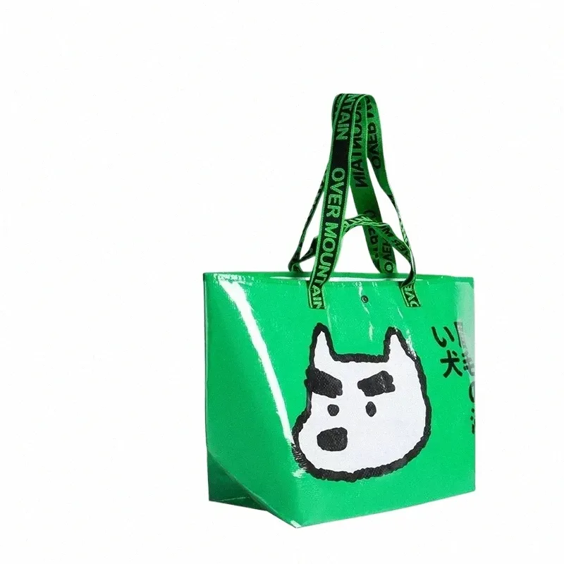 Sac de magasin tissé vert Sac à bandoulière à motif de chien mignon Sac à main portable réutilisable pour les aliments d'épicerie de voyage J2BI #