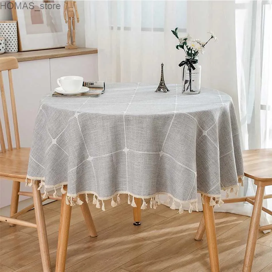 Tovaglia Tovaglia rotonda a quadretti jacquard tridimensionale Nappe in lino di cotone Copritavolo antipolverePer decorazioni per la cena, feste, matrimoni Y240401