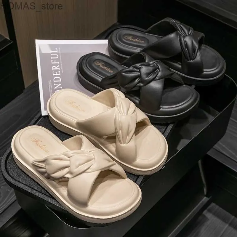 Hemskor Summer Fashion Crossover Design Slippers Non-Slip Platform Slides Comfort SeaBeach Sandaler Kvinnor Skor damer Home Flip Flops Y240401