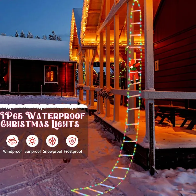 Santa Sign Remote Control 75/300cm LED Santa Claus Ladder Lights with Climbing Santa, USB Remote ...