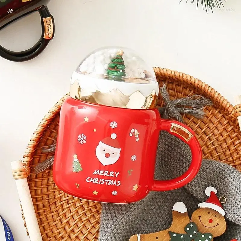 Tazze Tazza da caffè in ceramica da 450 ml Regalo di Natale Tazze con stampa pupazzo di neve con coperchio Impugnatura creativa Articoli per bicchieri da viaggio Decorazioni per la casa