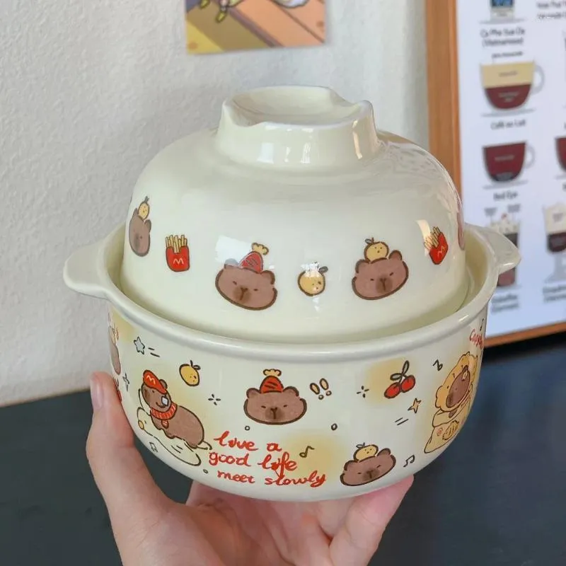 Kommen Cartoon Beer Keramische Instant Noodle Bowl Met Deksel Onderglazuur Kleur Soep Salade Keuken Kantoor Student Lunchbox