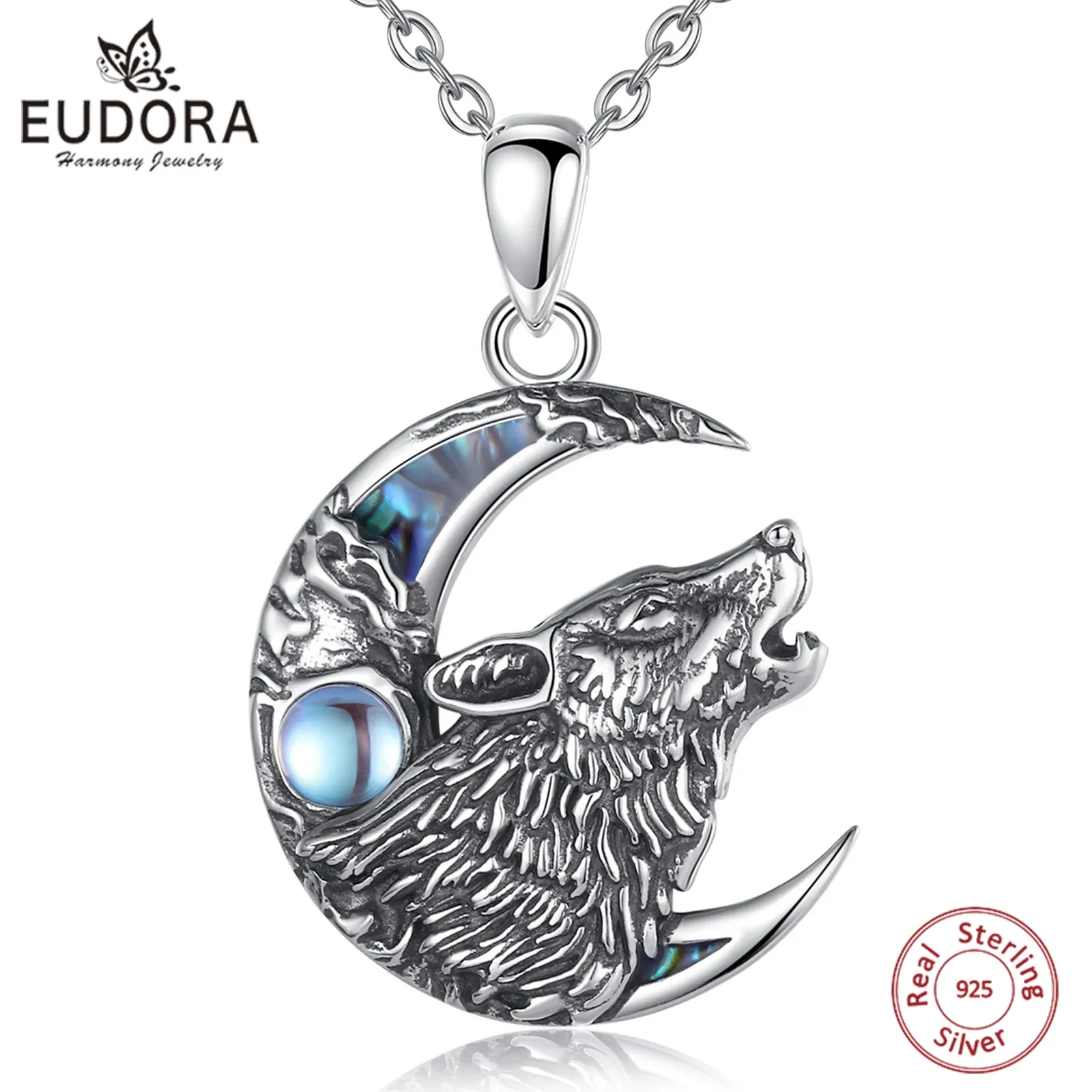 Pendants Eudora 925 Sterling Silver Wolf on the Moon Collier Moonstone Wolf Pendant Animal Series Bijoux pour Warriors Men'women Gift