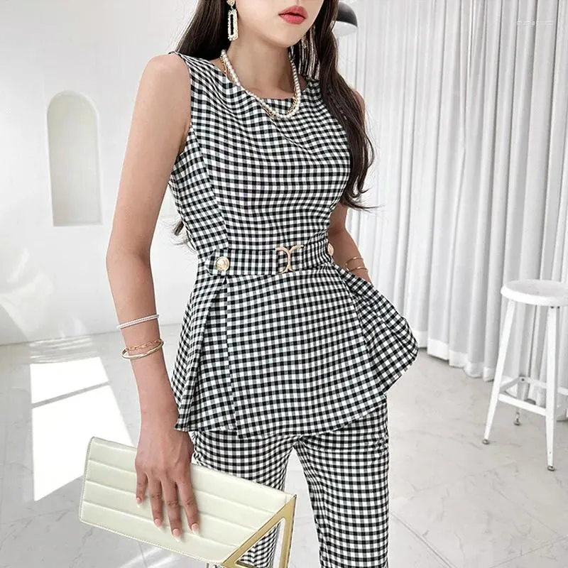 Zweiteilige Damen-Hosen, koreanische Mode, Bürodame, 2-teiliges Set, Damen-Weinlese-Karo-Sommeranzüge, Business-Casual, schlankes Oberteil mit Gürtel, Bleistift