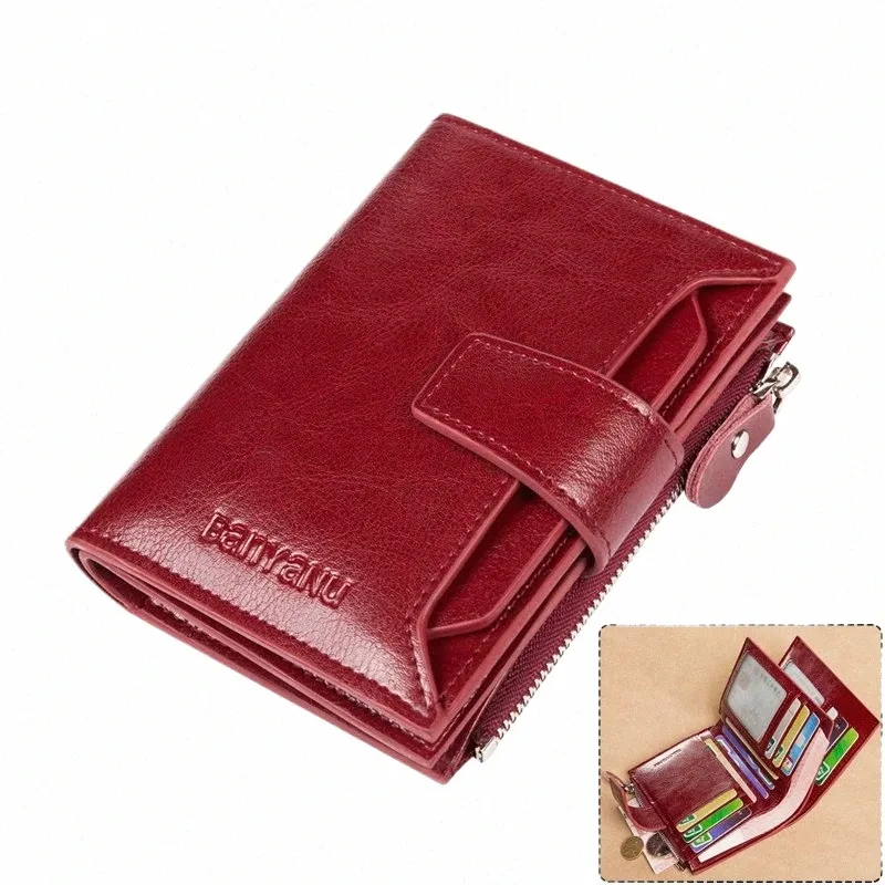 Carteiras de couro genuíno para mulheres Red Mey bolsas Zipper RFID curto feminino pequeno titular do cartão Coin Purse Trifold Bifold Wallet n03D #