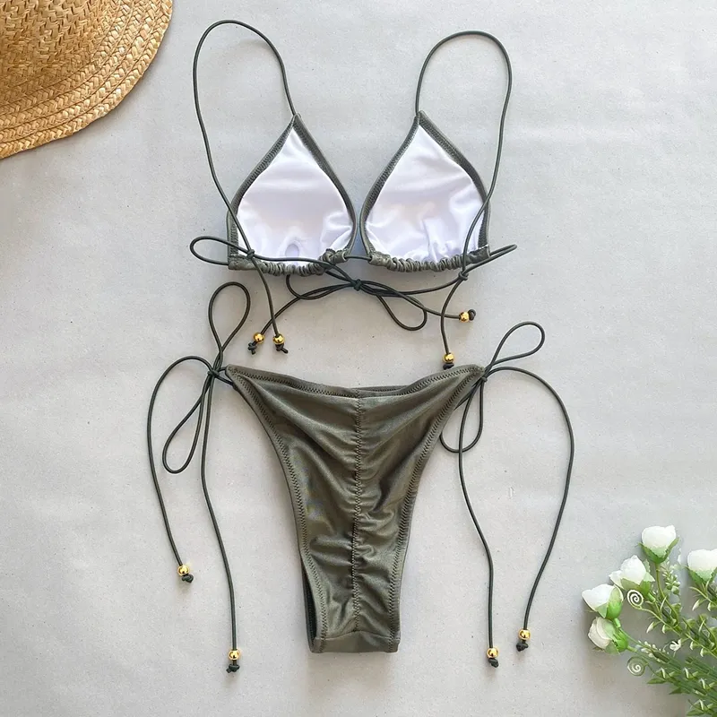 ARXIPA Sexy Bikinis Two Piece Swimsuit for Women Halter Tie Side Bathing Suit Padded Push Up Beachwear Army Green Solid G String Thong Mini Triangle String