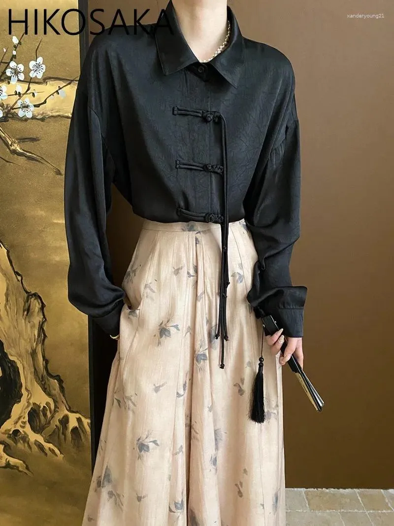 Женские блузки, атласная блузка в китайском стиле «Старые деньги», женская жаккардовая рубашка с кисточками и пуговицами, с длинными рукавами и лацканами, весна 2024, элегантная блузка