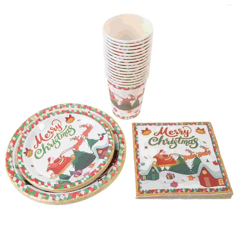 Louça descartável decorações de natal festa utensílios de mesa único copos de papel local configuração adereços placas kit decorações
