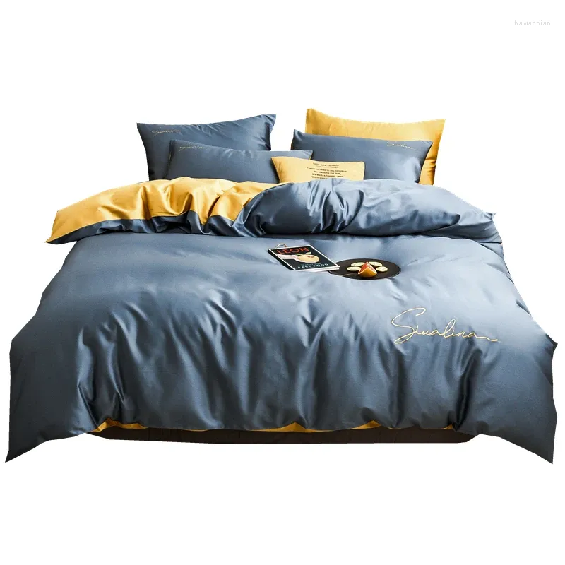 Bedding Sets 2024 Four-piece Simple Cotton Double Household Bed Sheet Quilt Cover Embroidered Piping Comfortable Blue-yellow