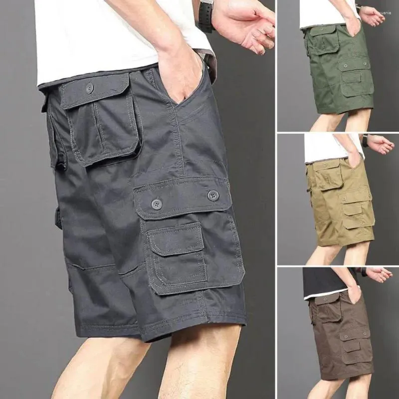 Short Homme Pantalon Cargo Homme Genou Classique Été Multiples Poches Grande Taille Coton Demi Kaki Vert