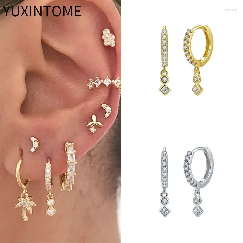 Boucles d'oreilles créoles en argent Sterling 925 pour femmes, pendentif en cristal à géométrie Simple, pavé de Zircon, bijoux à la mode, cadeaux