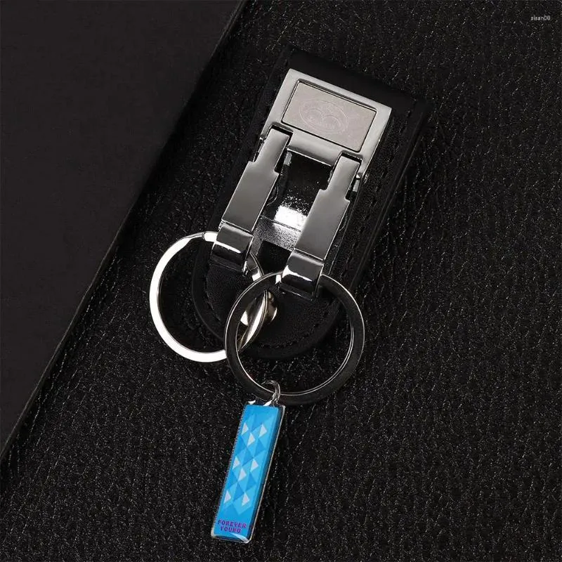 Porte-clés en acier inoxydable, cuir véritable, 2 boucles, porte-clés, porte-anneau