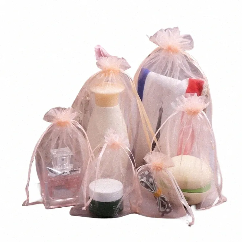 100pcs Organza Bags Sheer Organza Gift Bags with Drawstring Jewelry Favor Pouches Christmas Candy Wedding Party Bags A6MC#