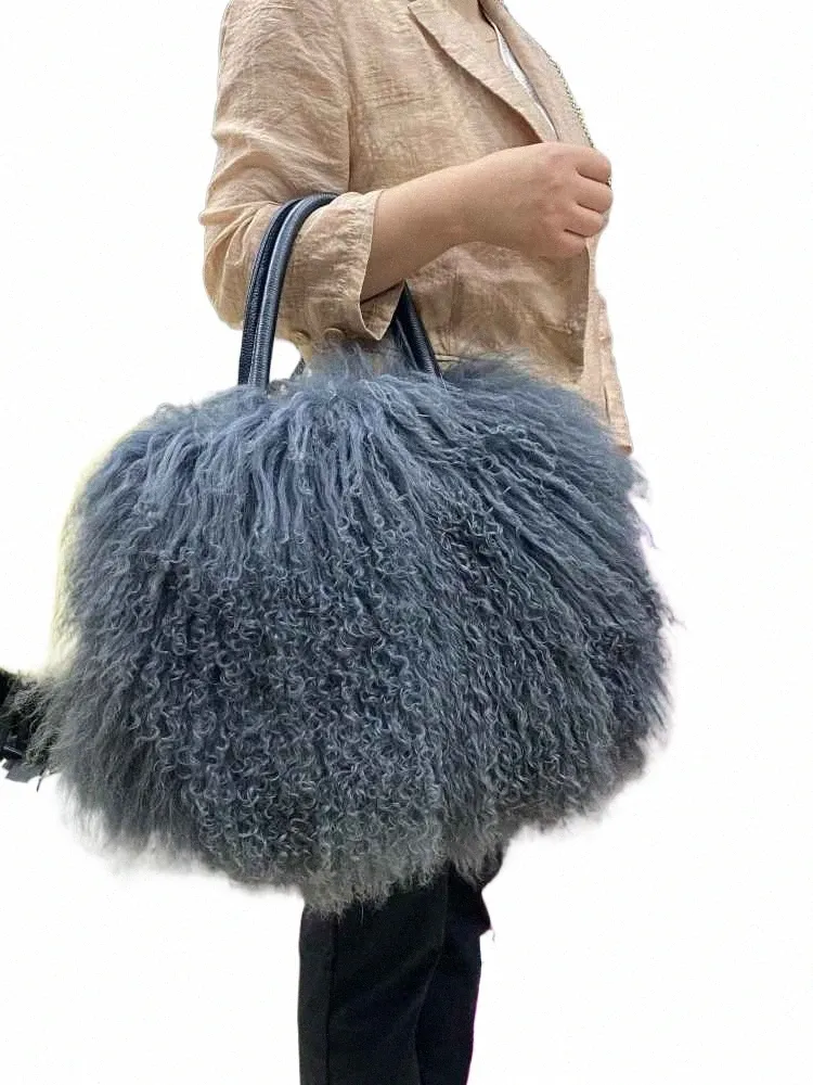 Bolsa de pele de cordeiro genuíno Mulheres de verdade Mgolia Fur Handbagwinter Lady Hand Bags LG Hair g8bj#