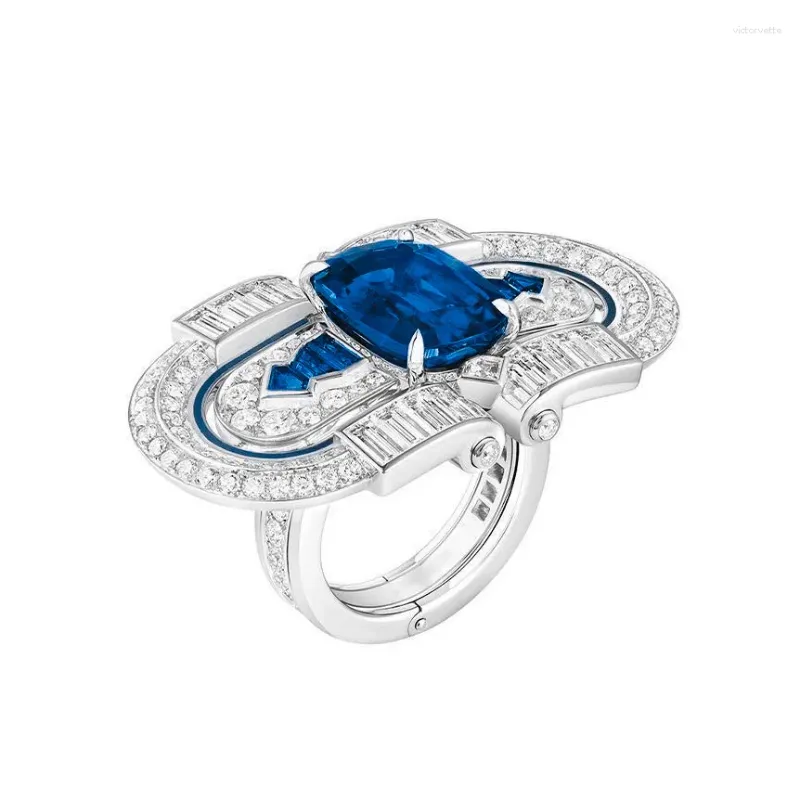 Cluster Rings 925 Silver Plated Gold Ring High Carbon Diamond Royal Blue/Baojia Artdeco Series/T Square Sapphire