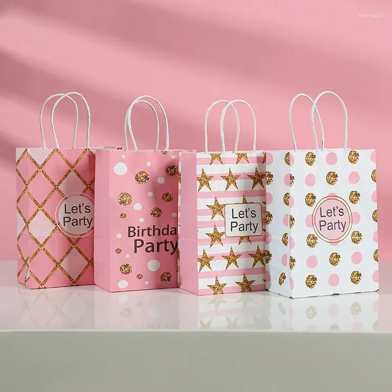 Present Wrap 5st Let's Party Paper Packaging förvaringsväska med handtag rosa bronsande modebröllop Happy Birthday Favors Supplies