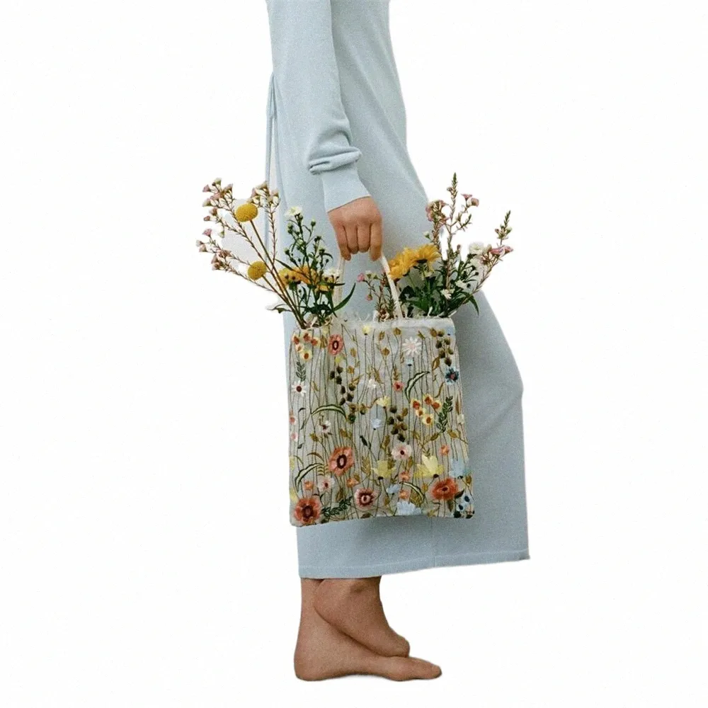 fi Tote Bag Summer New Style Mesh Full Embroidery Frs Clear Shoulder Bag Romantic Handbag Women's Eco Shop Bag 2024 M1GE#