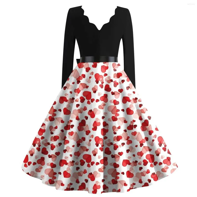 Casual Dresses 2024 Damen Vintage Klassisches Kleid Langarm Valentinstag Print V-Ausschnitt Taille Sexy Abendkleid