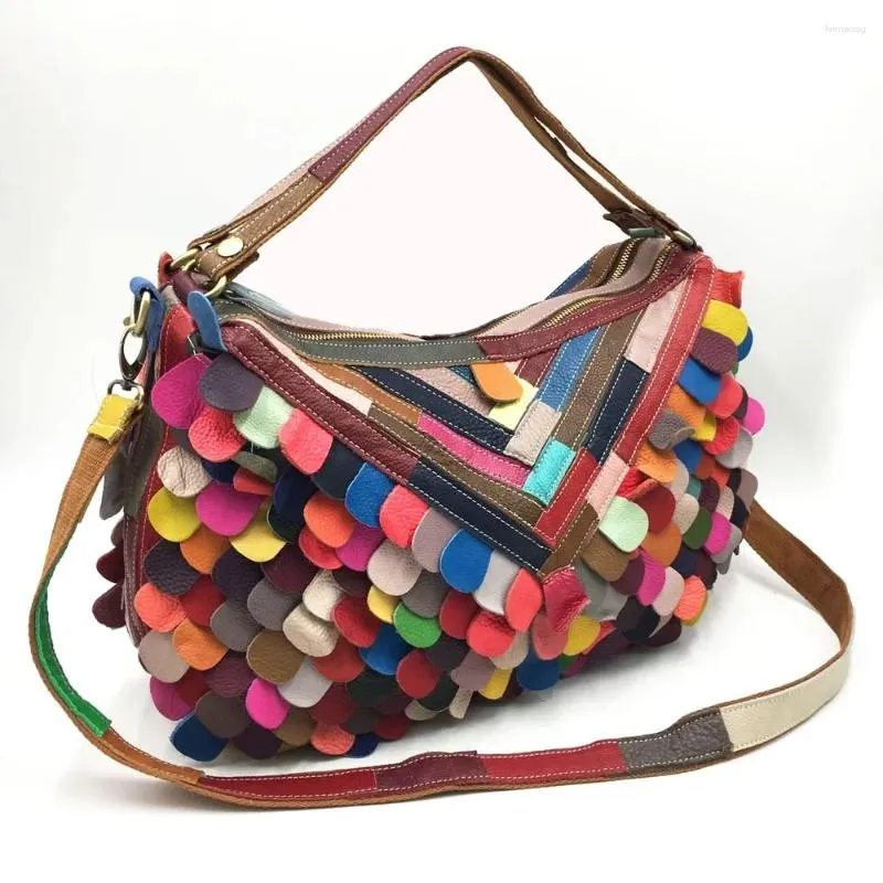 Omuz çantaları kadın moda gerçek deri birleştirme şerit püsküller çanta gündelik çift fermuarlı çanta crossbody rastgele çok renkli