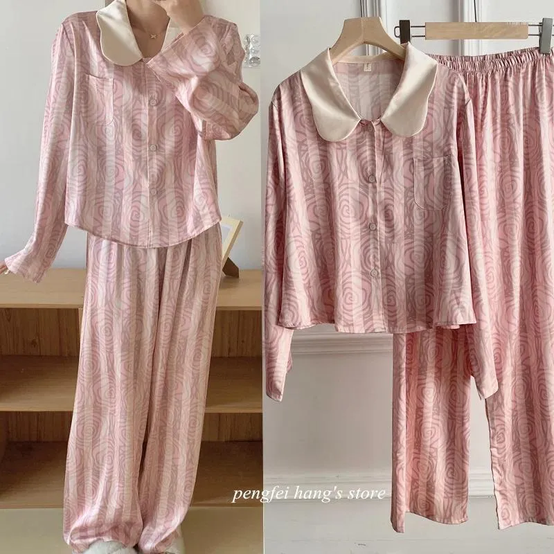 Indumenti da notte da donna carino stile coreano colletto della bambola pantaloni da camicia rosa striscia pigiama di seta da donna in rayon set 2 pezzi da notte vestiti larghi per la casa