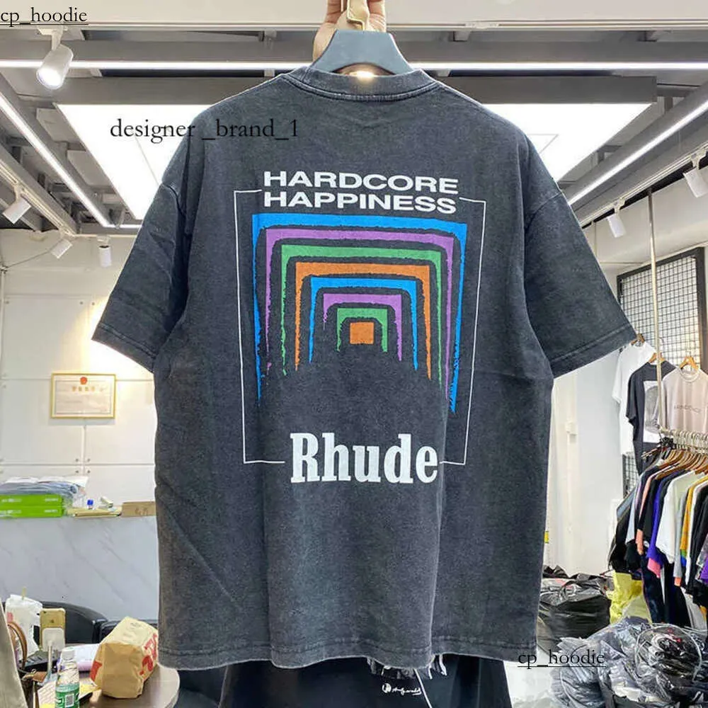 Herren-T-Shirts, Männer und Frauen, Vintage-Stil, schwerer Stoff, RHUDE BOX PERSPECTIVE, T-Shirt, leicht lockere Oberteile, mehrfarbiges Logo, schöne Waschung, 1107