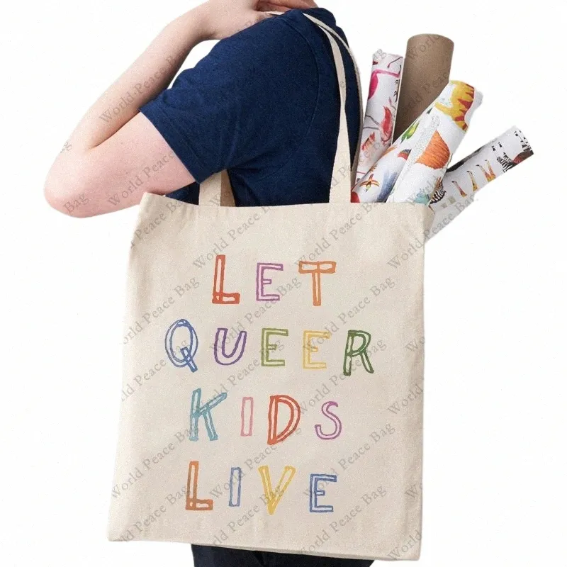 1pc Let Queer Kids Live pattern Tote Bag Canvas Shoulder Bag For Travel Daily Commute Women's Reusable Shop Bag o9ZE#