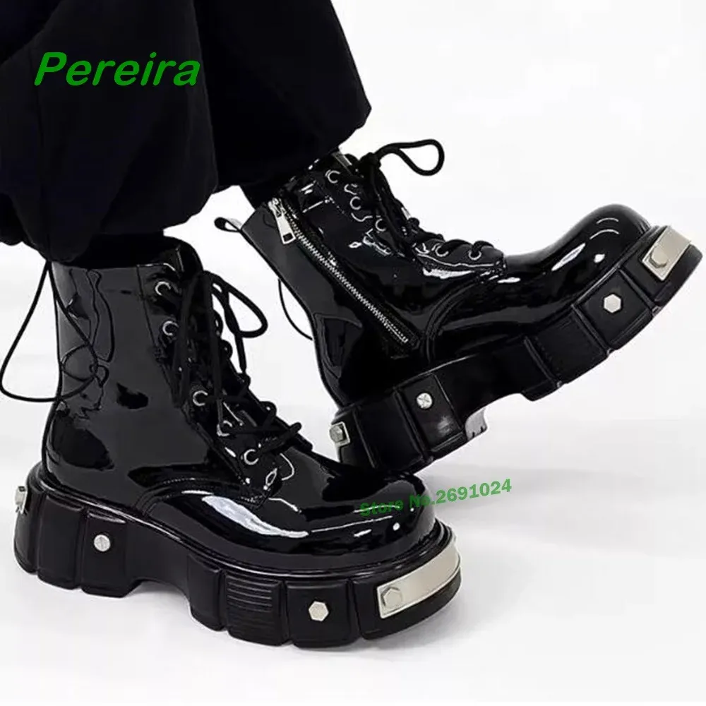 Mens Black Glossy Metal Motorcycle Boots: Stylish Zip-Up Chelsea