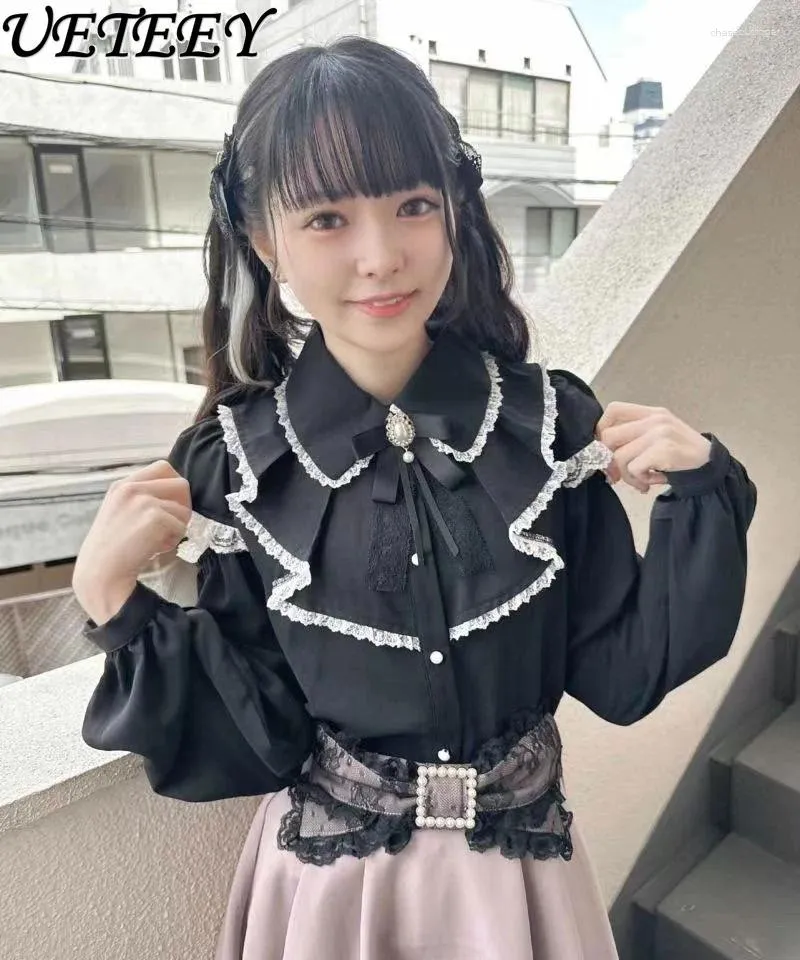 Blouses pour femmes Style japonais Rojita Lolita Mine chemise à manches longues douces filles mignonnes à volants chemisier en dentelle à épaules dénudées hauts pour femmes
