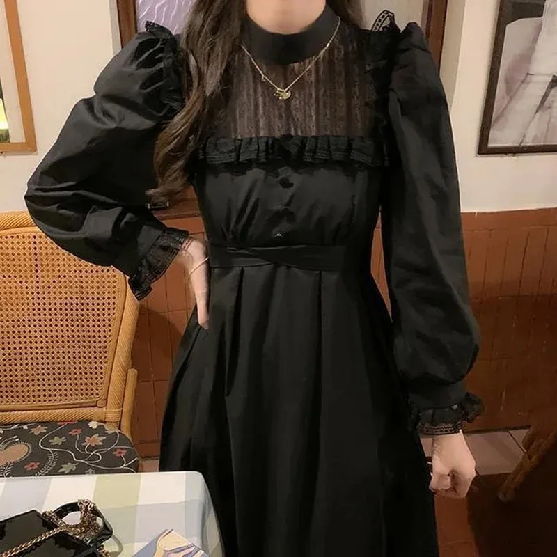 QWEEK Gothic Black Lace Dres Casual Elegant Party Midi Ruffle Long Sleeve Dress Emo Y2k Goth Clothes Spring Robes 240315