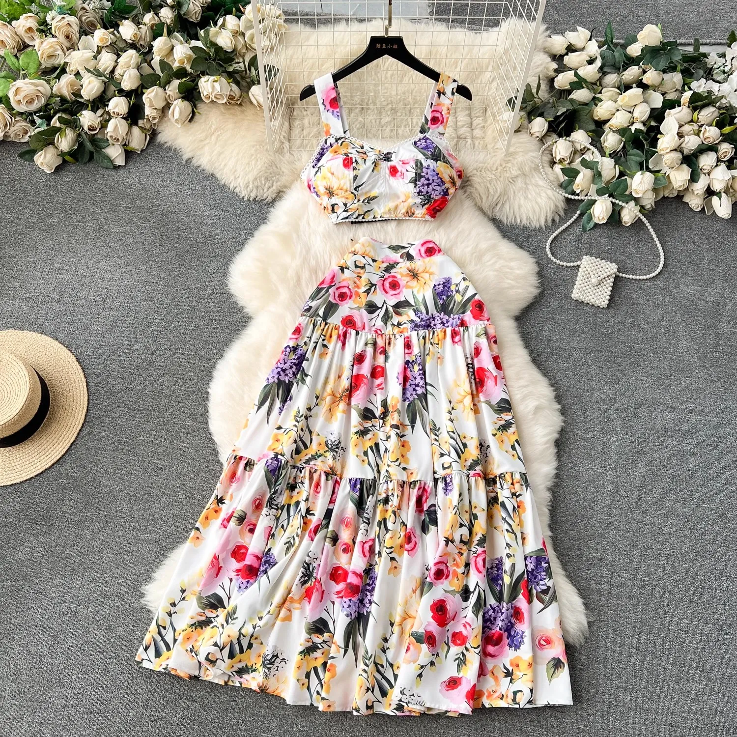 two piece flowy dress Green Tropical Print Plunge Studded Maxi Skirt Two Piece Set