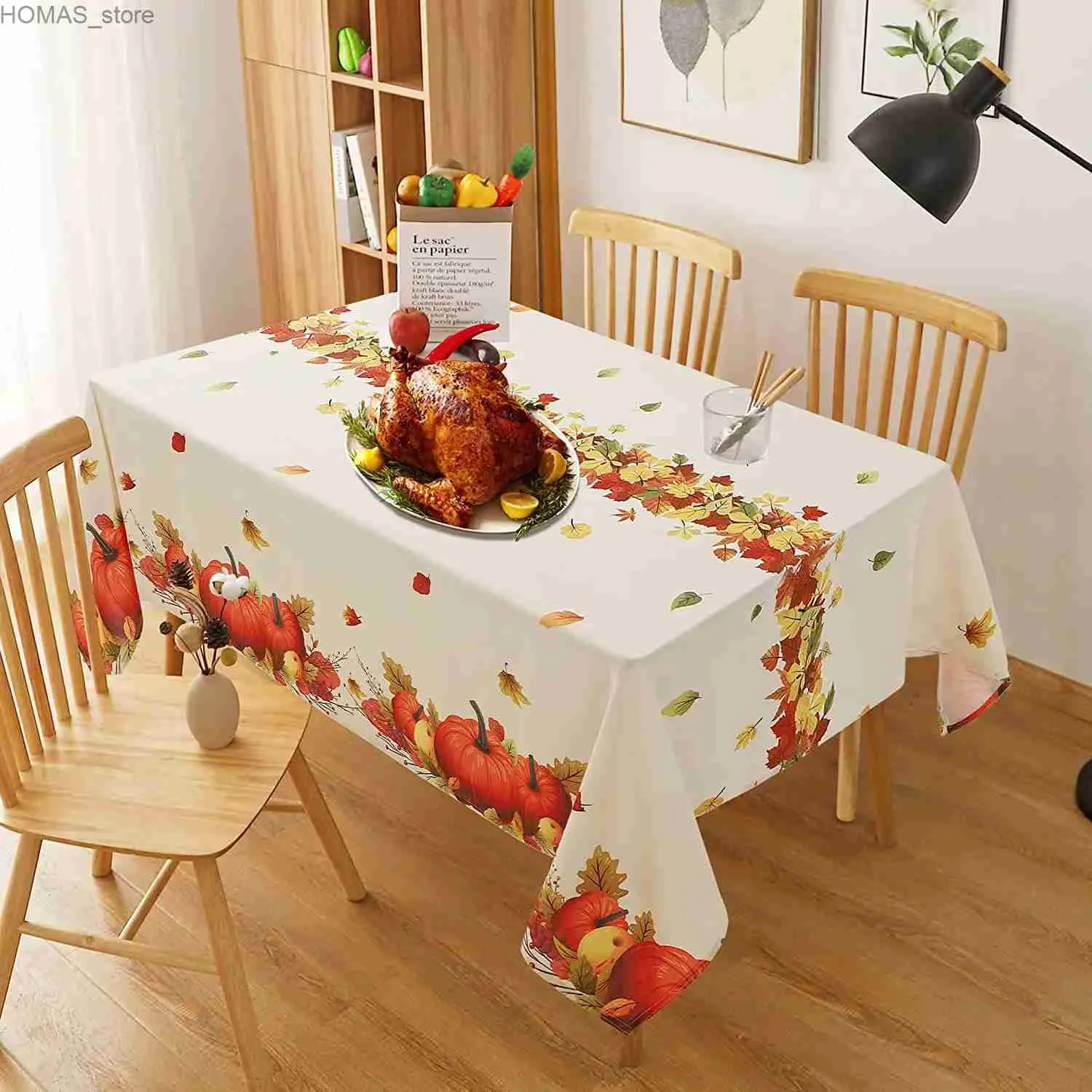 Table Cloth Thanksgiving Pumpkin Maple Leaf Rectangle Tablecloth Holiday Party Decoration Reusable Waterproof Tablecloth Holiday Party Decor Y240401