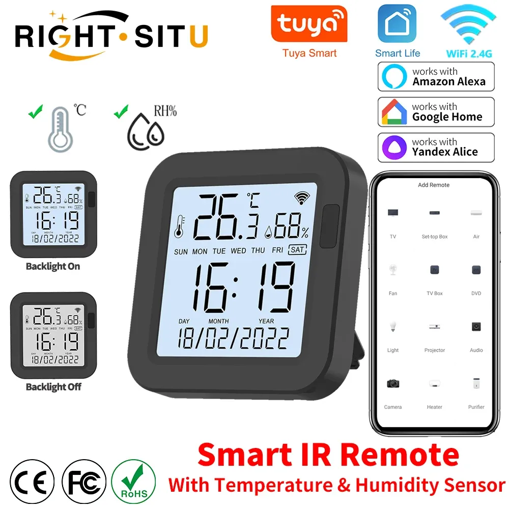 Steuern Sie Tuya WiFi Universal IR-Fernbedienung mit Temperatur-Feuchtigkeitssensor für Klimaanlagen-TV. Funktioniert mit Alexa Google Assistant