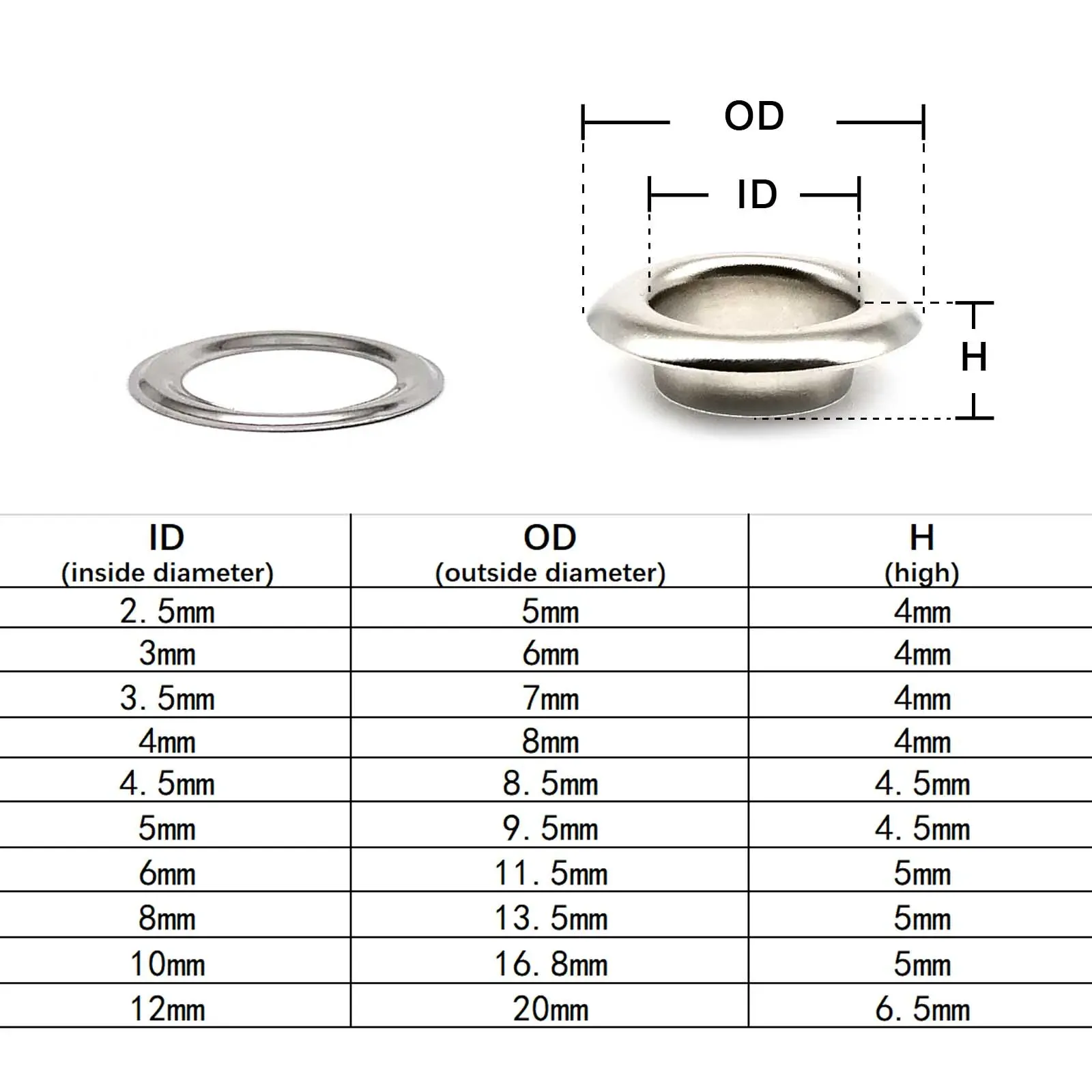 100 Sets 2,5 mm bis 12 mm silberne Hochwertigkeit Özelett mit Waschmaschine Grommet Ringluftloch Niete für Lederbeutel Schuhe Gürtelkappe Kleidung