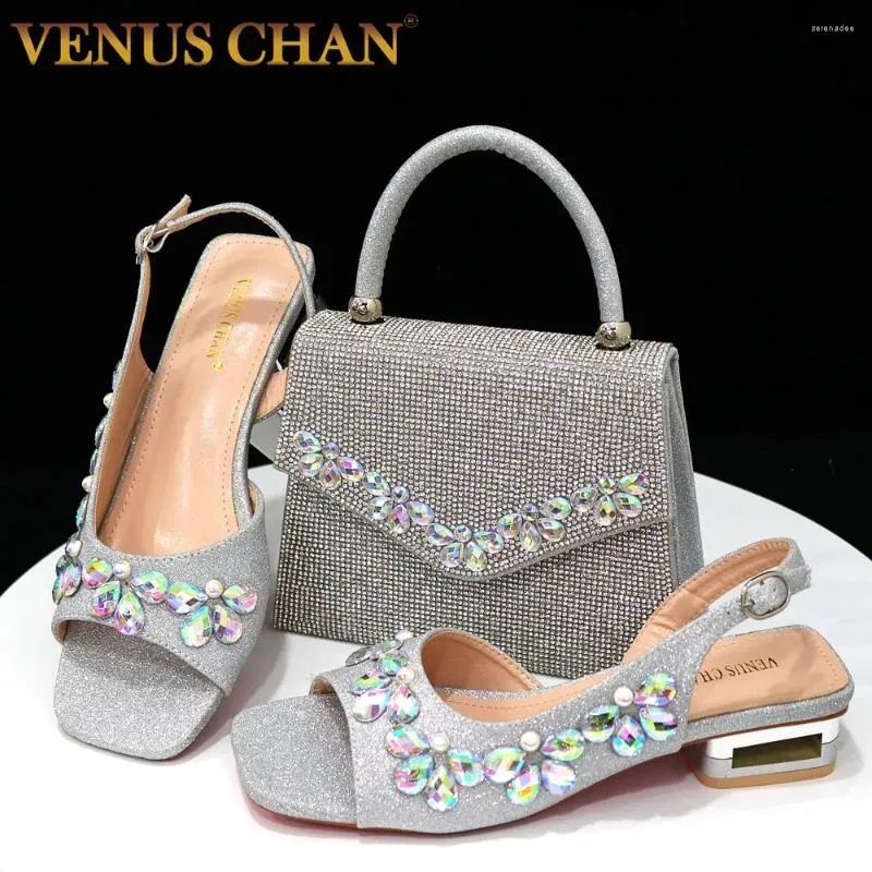 Sapatos de vestido Chan 2024 festa elegante para mulheres casamento salto baixo moda flor strass cor de prata combinando e sacos