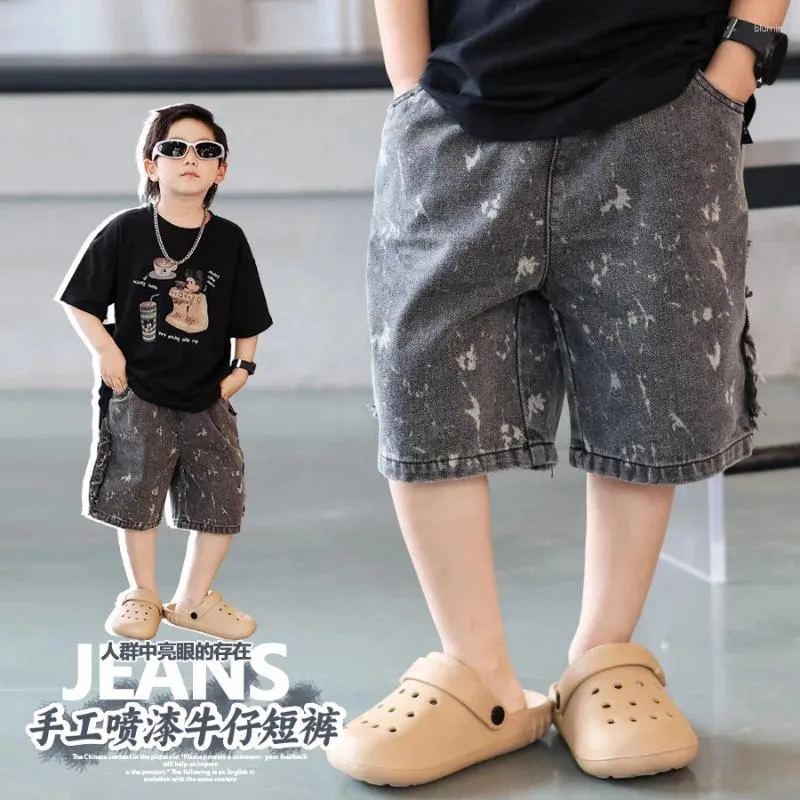 Trousers Children Clothing Boys Spray-painted Jeans Summer 2024 Fashionable Shorts Handsome Boy Casual Cool Denim Pants