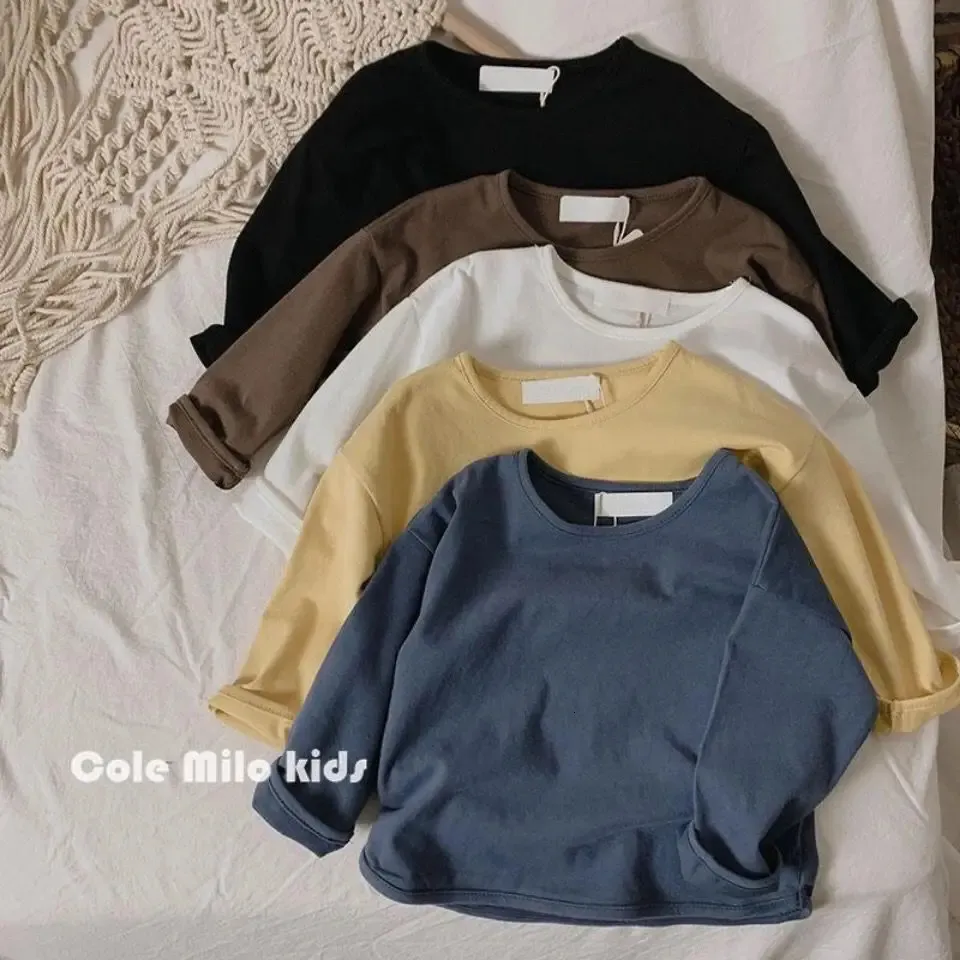 Bebê meninos camisetas de algodão primavera outono meninas cor sólida crianças topos manga longa solta crianças casual camisetas 240326