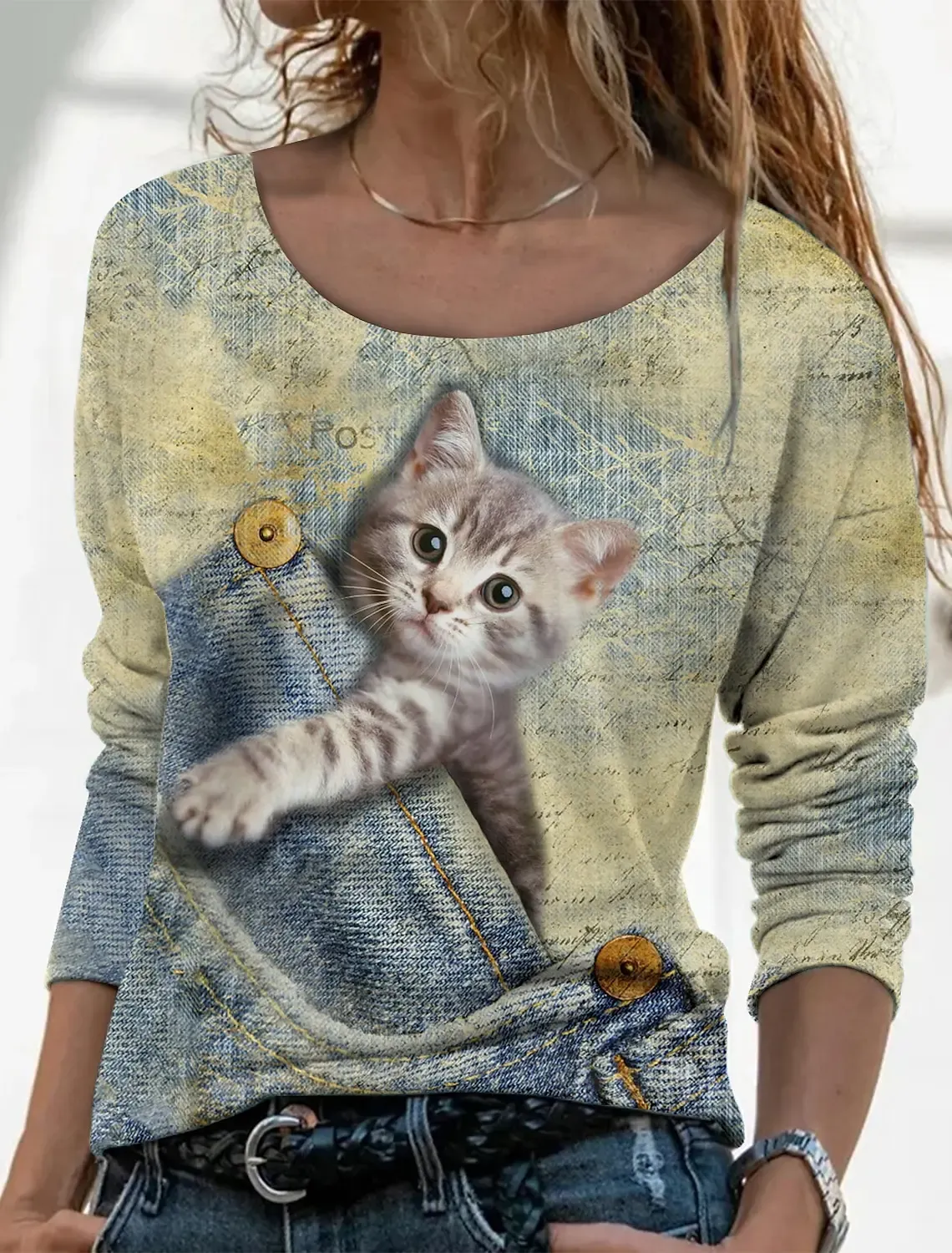 ★Fallett★CAT PRINT LONG SLEEVES DHgate.com:Womens Fall Loose Oversized T-shirts 3D Graphic