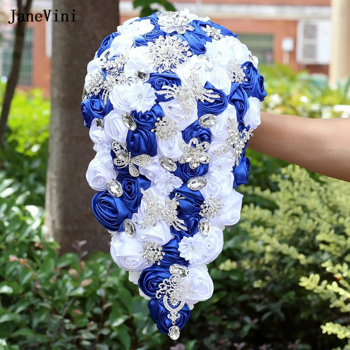 Royal Blue Wedding Bouquet - Handmade Silk Rose Bridal Bouquet With Crystal Pearls - View #3