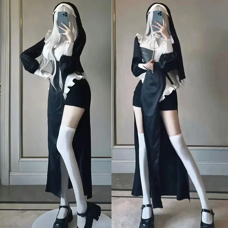 Animecc seksi rahibe takım elbise kostüm cosplay cadılar bayramı Noel üniforma hizmetçi elbise kız kardeşi beyaz uzun 240319