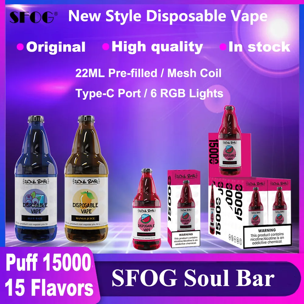 SFOG New Puff 15k Puff 15000 Vapes Ondayable Puff Puff 15k Soul Bar 15000 Puff Vaper 22ml Pod Vape 15 вкуса с 6 RGB Lights 600mah Аккумулятор.