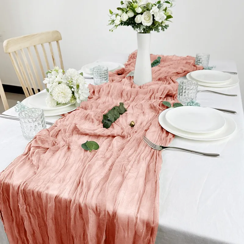 Gradient Cheesecloth Table Runner 120 Inches - Beige & Pink Crinkle Gauze For Weddings & Parties