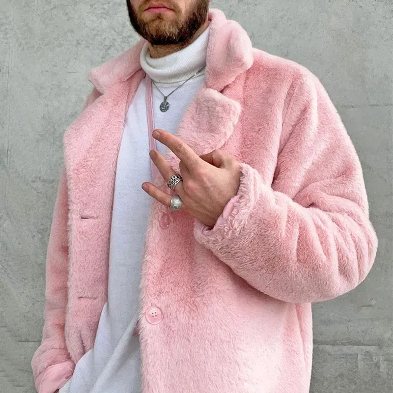 Mens Pink Fur Coats Fall Winter Mens Pink Black Coat Turn Down