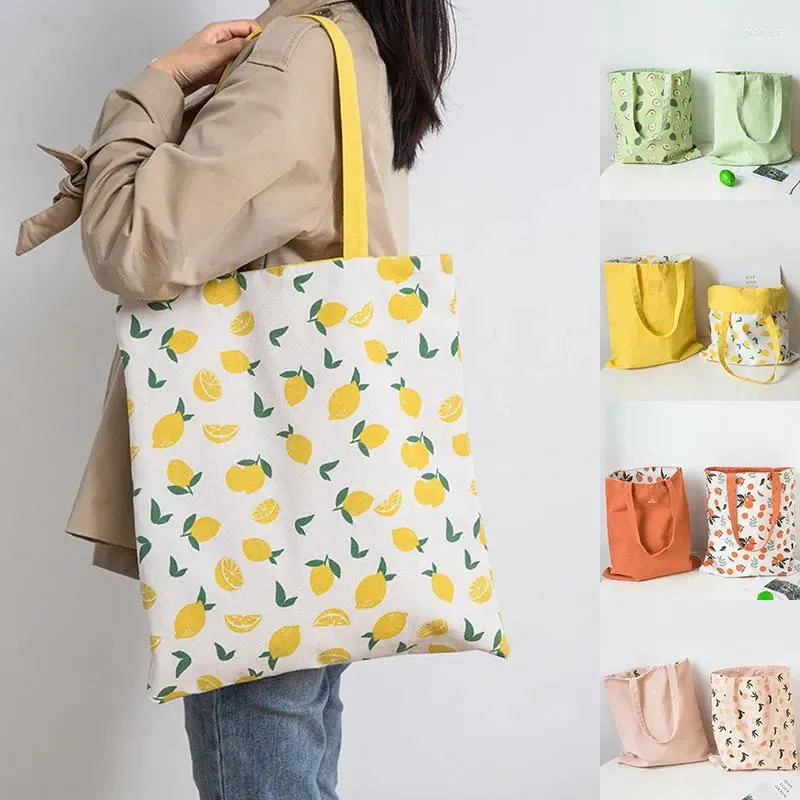 Väska sommarblommig frukt dubbelanvändning axel canvas kvinnor handväska diverse shopping handväskor bomullslinne ficklagring