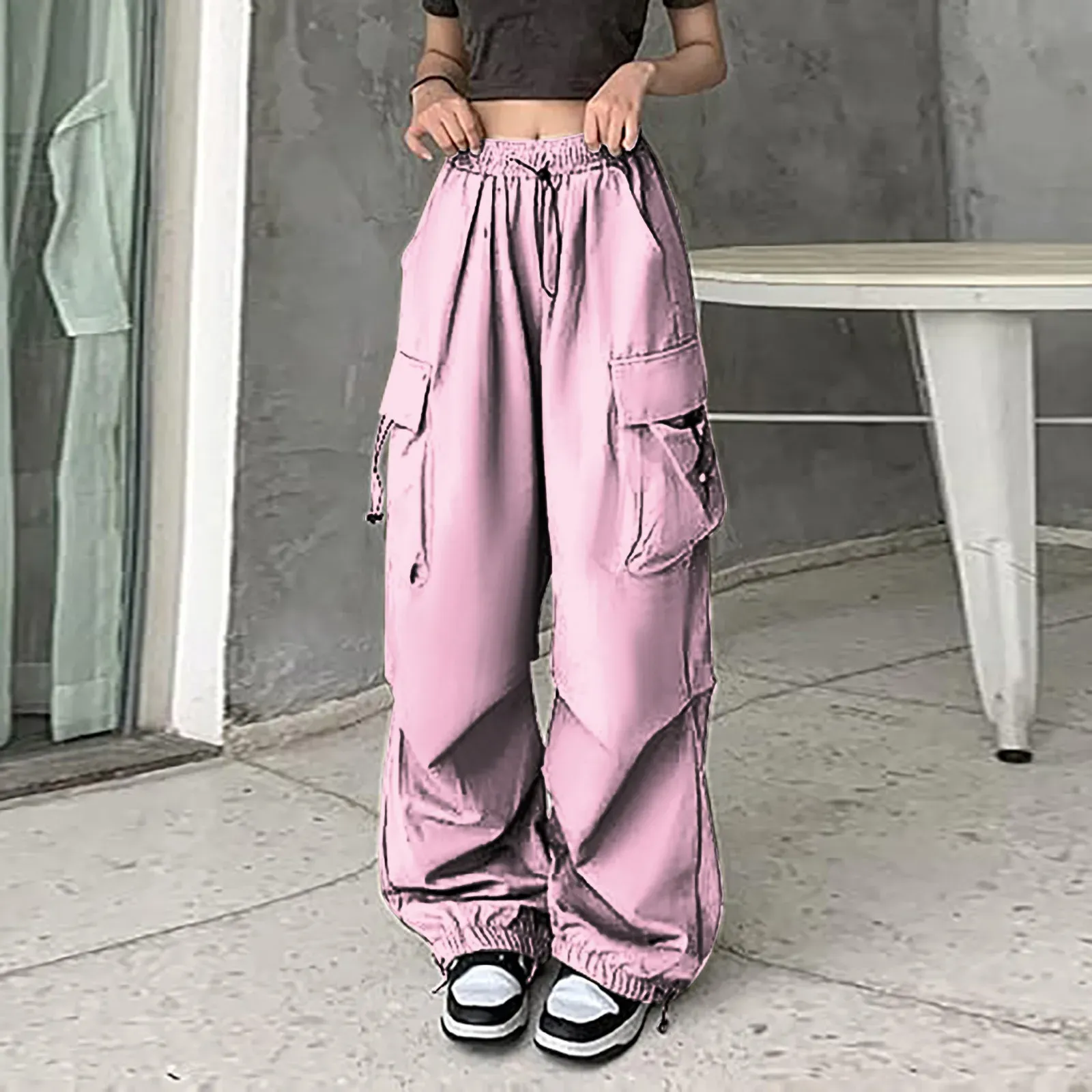 Womens Baggy Cargo Pants Streetwear Hip Hop Joggers Drawstring Casual Loose Solid Color Wide Leg Trousers From Ddmysmile 21.29 DHgate.Com